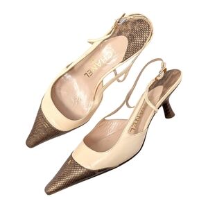 Chanel Vintage Pointed Toe Slingback Kitten Heel Beige Brown CC Logo 36.5 | 6